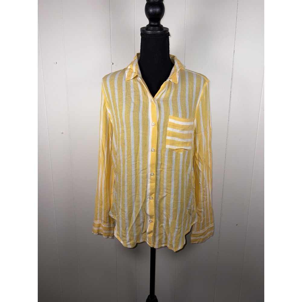 Abound Shirt Womens Yellow White Stripe Pocket Casual Easy Gauzy Beachy Lounge S